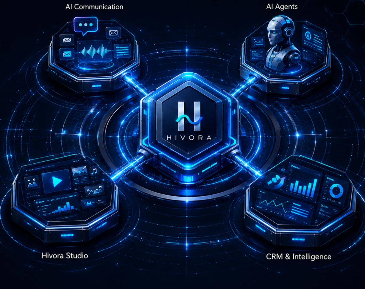 The Hivora hexagon at the centre of four connected platforms: AI Communication, AI Agents, Hivora Studio, and CRM & Intelligence.