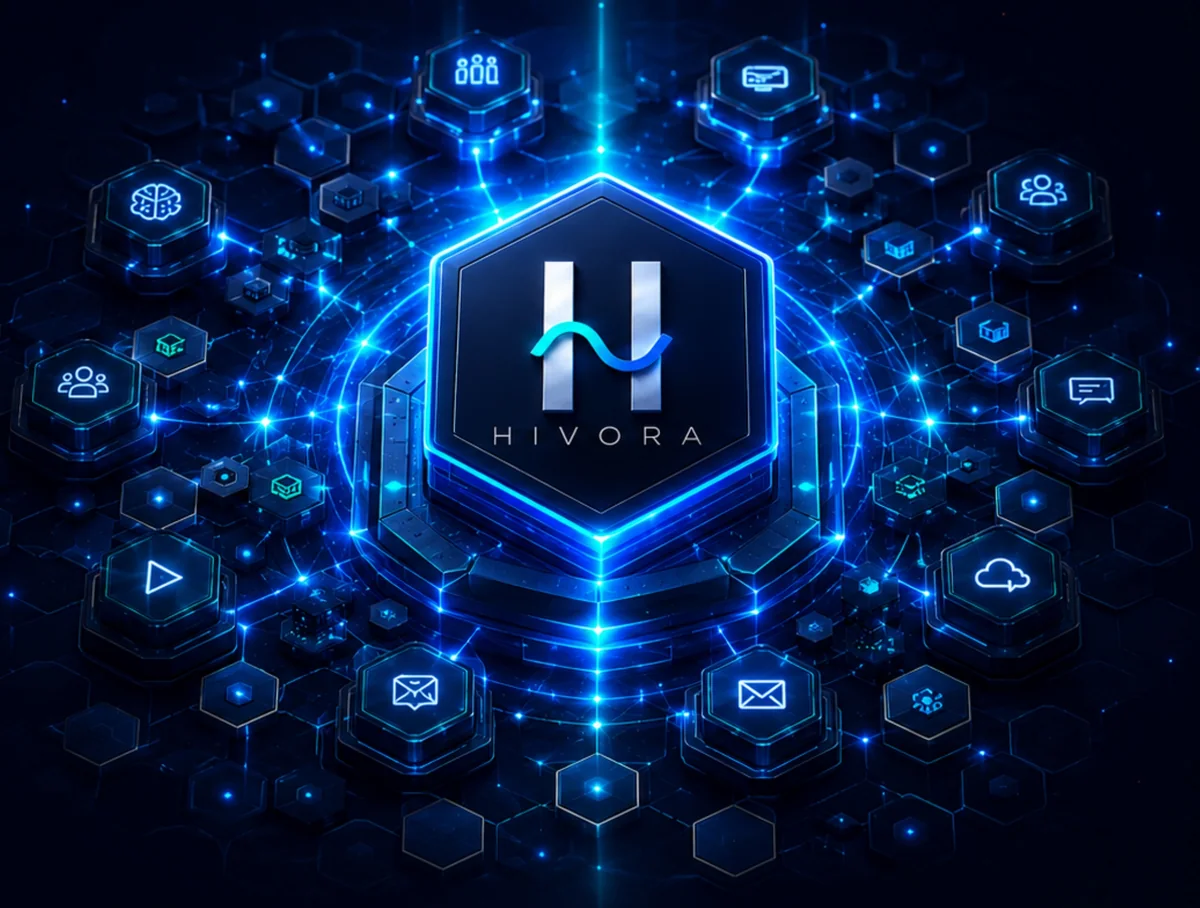 The Hivora hexagon rising from a hive of smaller glowing hexagons, each holding an AI capability.