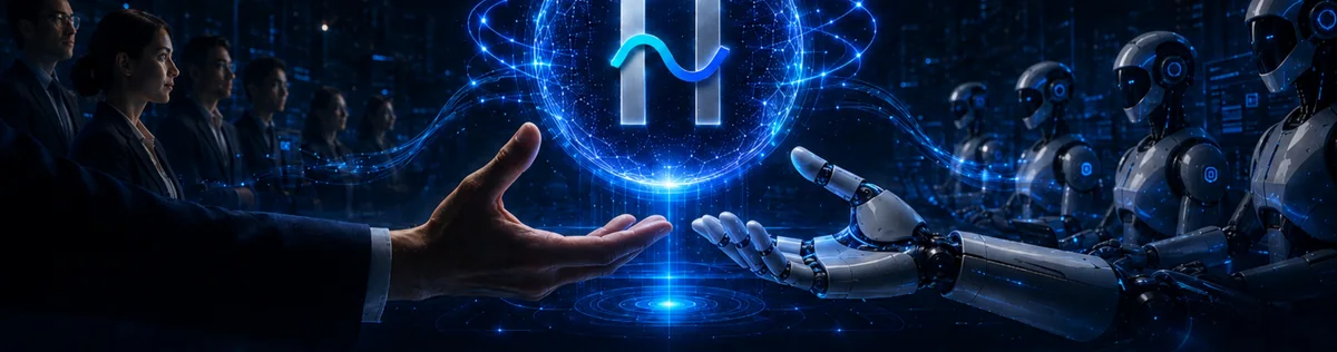 A human hand and a robotic hand reaching toward the Hivora H, glowing between them, with people on one side and AI workers on the other.