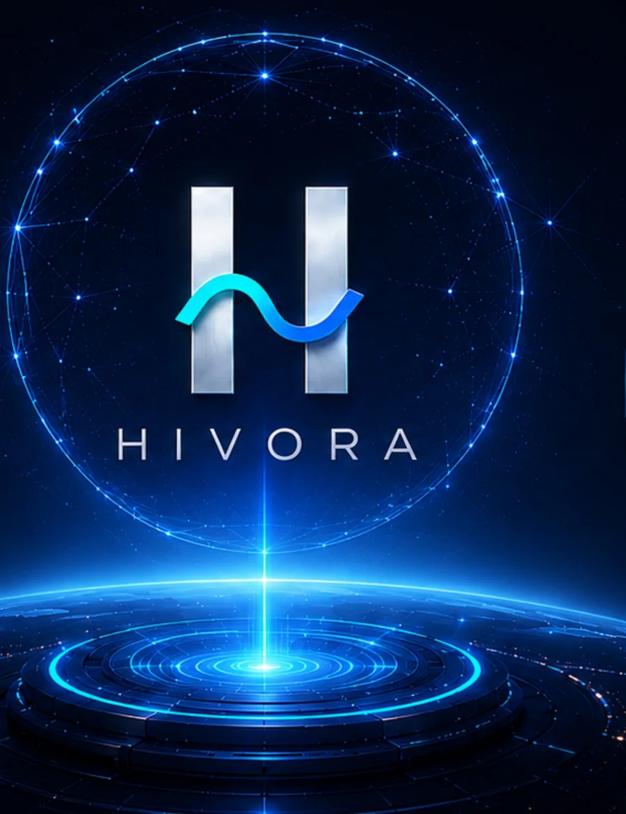 The Hivora H inside a sphere of light, rising from a platform above the curve of the Earth.