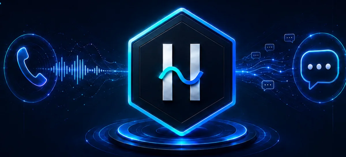 A phone call and a chat bubble streaming into the Hivora communication core.