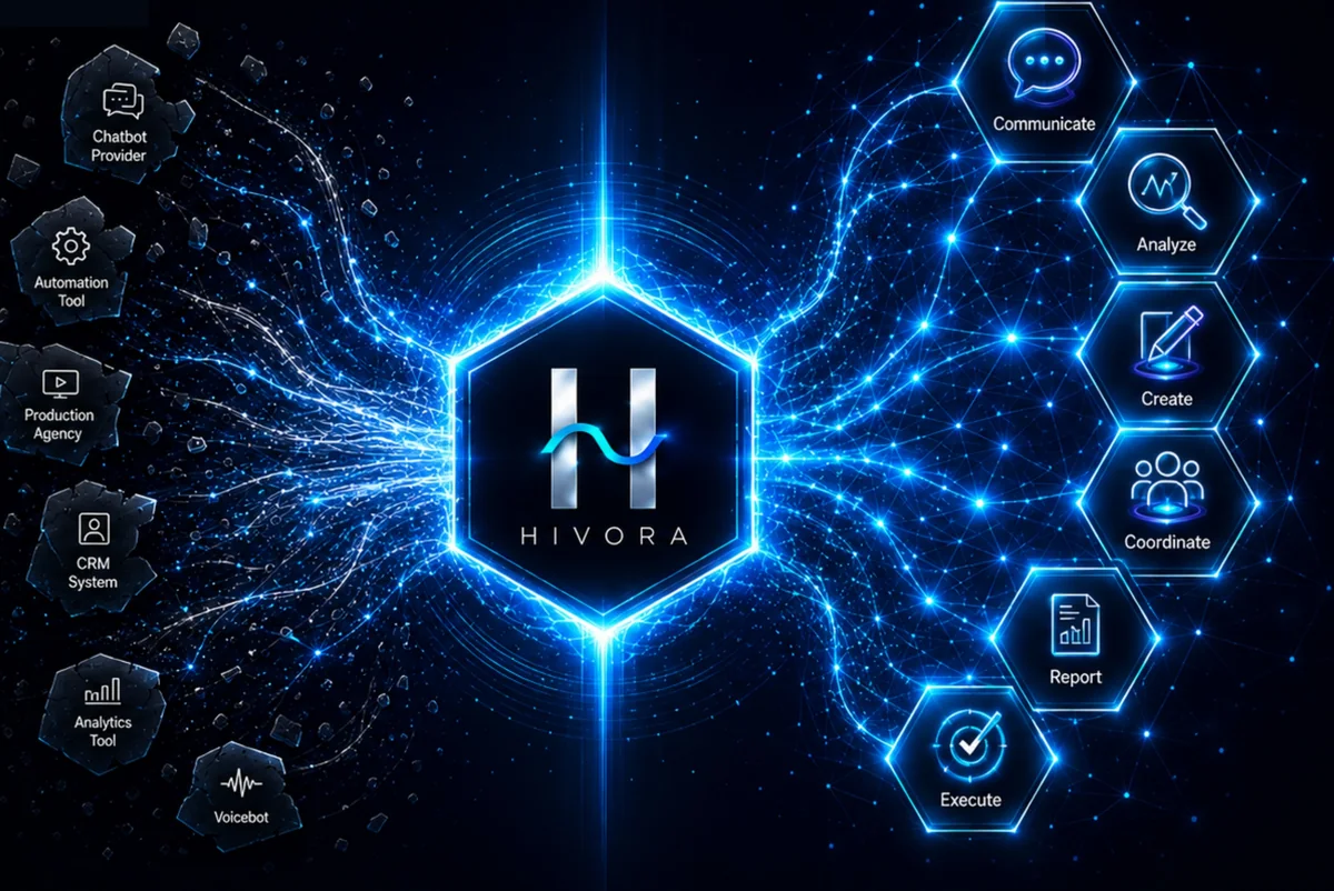 Broken fragments of separate tools on the left converge through the Hivora hexagon into a connected network of capabilities on the right.