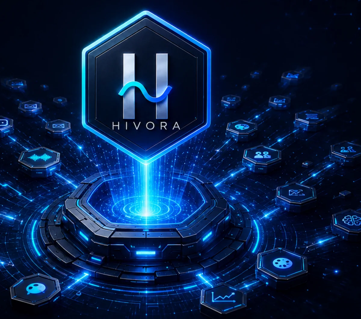 The Hivora hexagon rising from a glowing platform, connected to many small hexagonal AI capabilities.