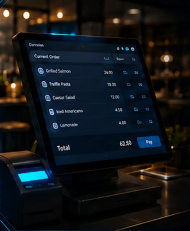 A restaurant point-of-sale terminal showing a current order.