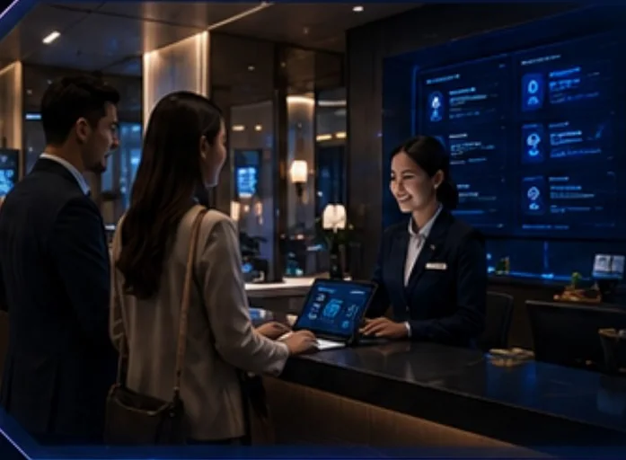 A hotel front desk welcoming guests, with a Hivora dashboard behind.